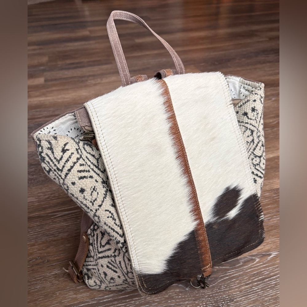 Myra Bag Handmade Oriental Backpack Upcycled Canvas & Cowhide Leather